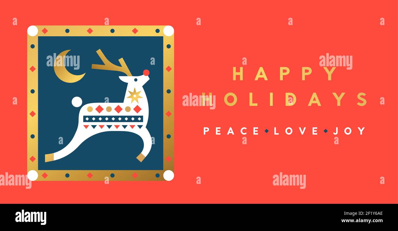 Carte de vœux de joyeux Noël illustration du saut d'animaux de renne la nuit avec des formes folkloriques géométriques dorées de luxe. Design scandinave moderne pour Illustration de Vecteur