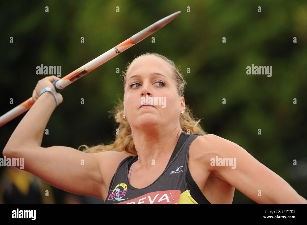 Mathilde Andraud (FRA) sur les femmes Javeling lors des Championnats de France élite 2014, au Stade Georges-Hebert, Reims, France, le 11 juillet 2014. Photo Stephane Kempinaire / KMSP / DPPI Banque D'Images