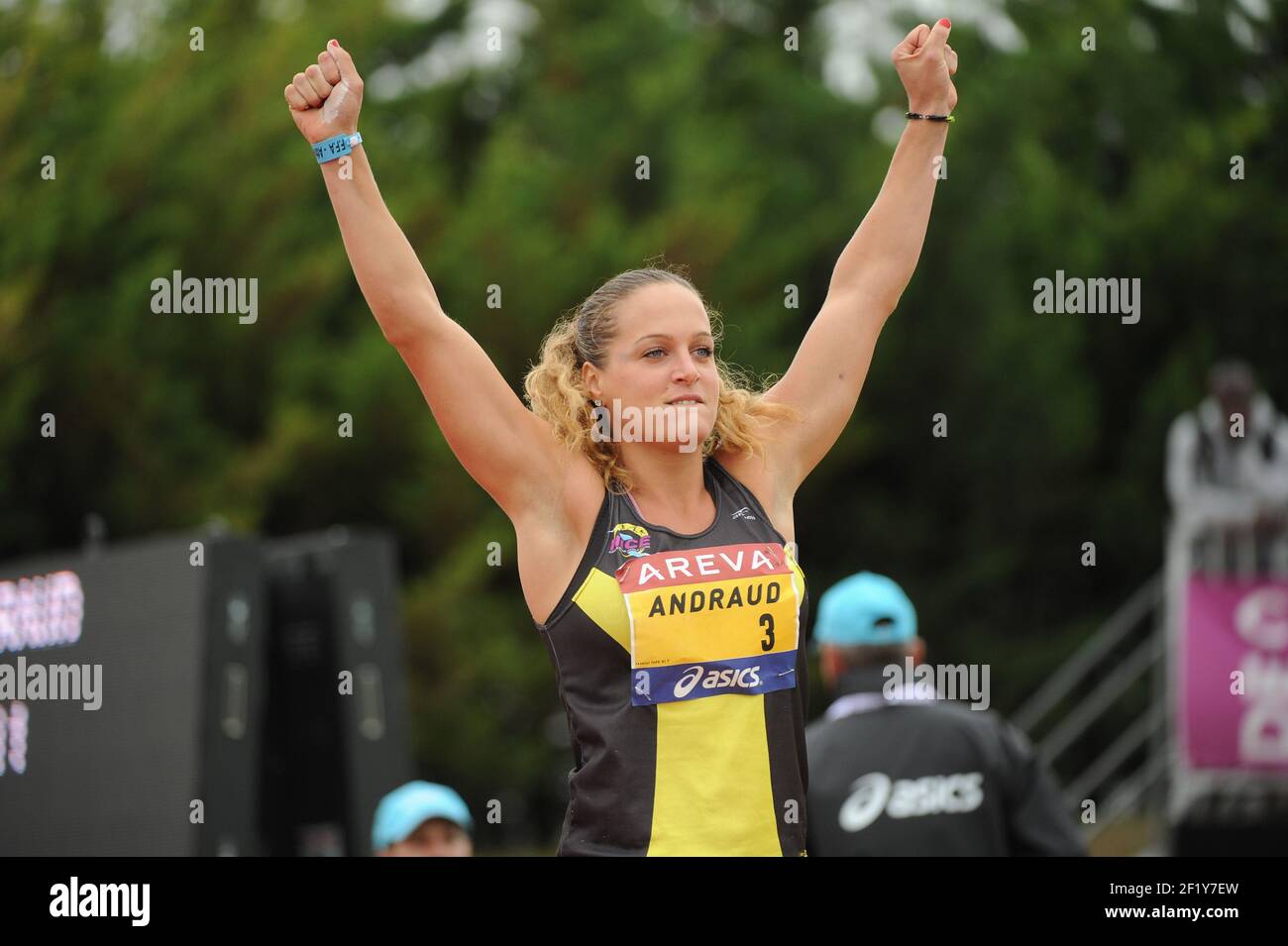 Mathilde Andraud (FRA) sur les femmes Javeling lors des Championnats de France élite 2014, au Stade Georges-Hebert, Reims, France, le 11 juillet 2014. Photo Stephane Kempinaire / KMSP / DPPI Banque D'Images