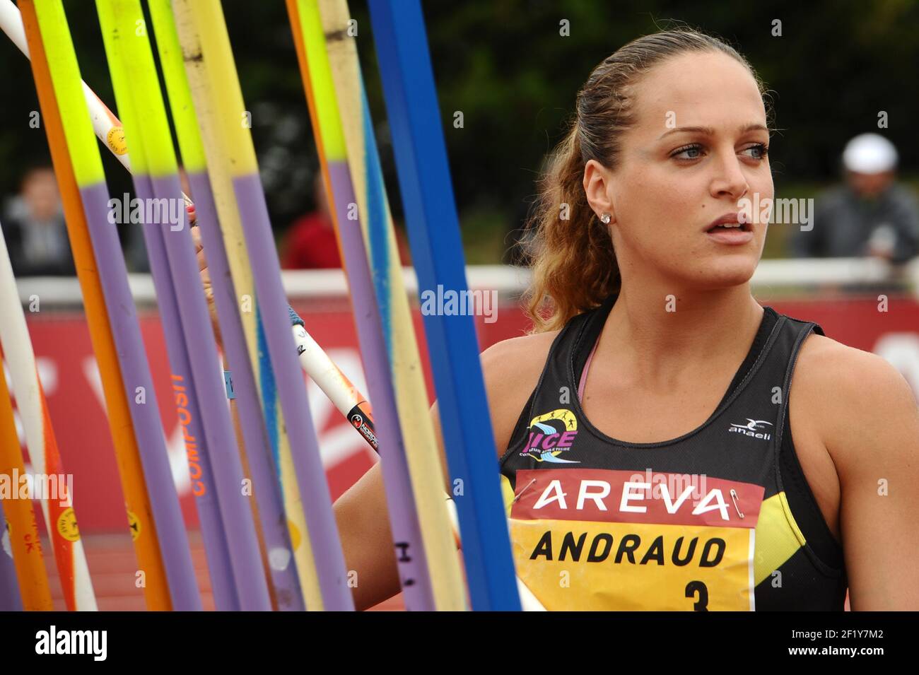 Mathilde Andraud (FRA) sur les femmes Javeling lors des Championnats de France élite 2014, au Stade Georges-Hebert, Reims, France, le 11 juillet 2014. Photo Stephane Kempinaire / KMSP / DPPI Banque D'Images