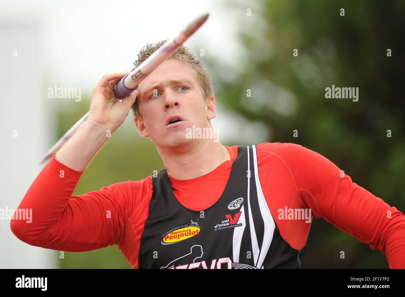 Killian Durechou (FRA) sur Javelin lors des championnats d'élite français 2014, au stade Georges-Hebert, Reims, France, le 12 juillet 2014. Photo Stephane Kempinaire / KMSP / DPPI Banque D'Images