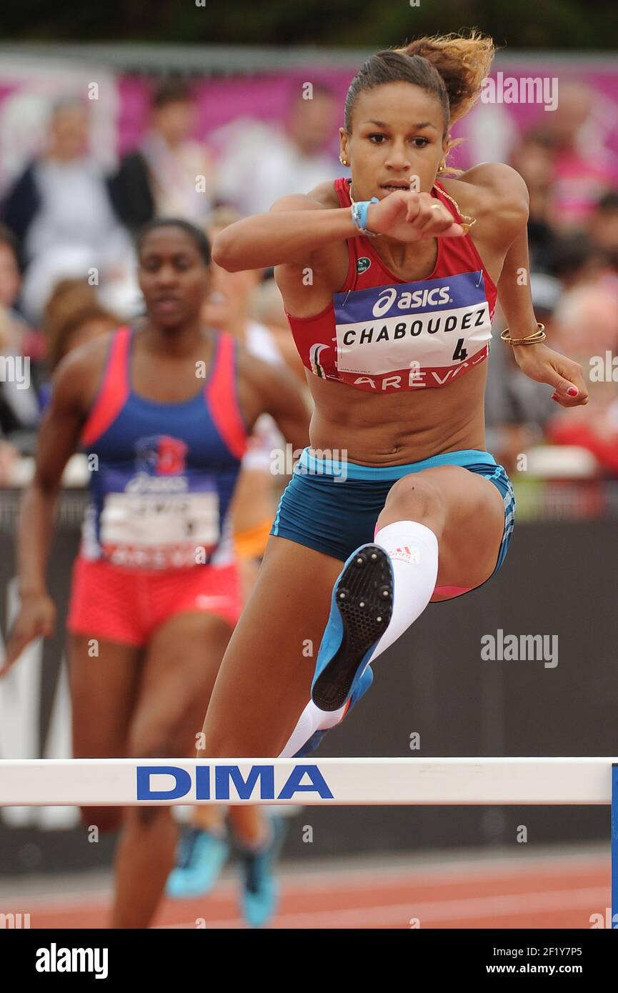 Aurelie Chaboudez (FRA) sur 400 m haies lors des championnats d'élite français 2014, au stade Georges-Hebert, Reims, France, le 12 juillet 2014. Photo Stephane Kempinaire / KMSP / DPPI Banque D'Images