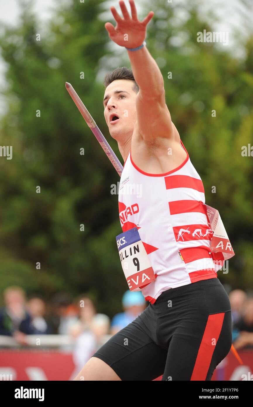 Jeremy Nicollet (FRA) sur Javelin lors des championnats d'élite français 2014, au stade Georges-Hebert, Reims, France, le 12 juillet 2014. Photo Stephane Kempinaire / KMSP / DPPI Banque D'Images