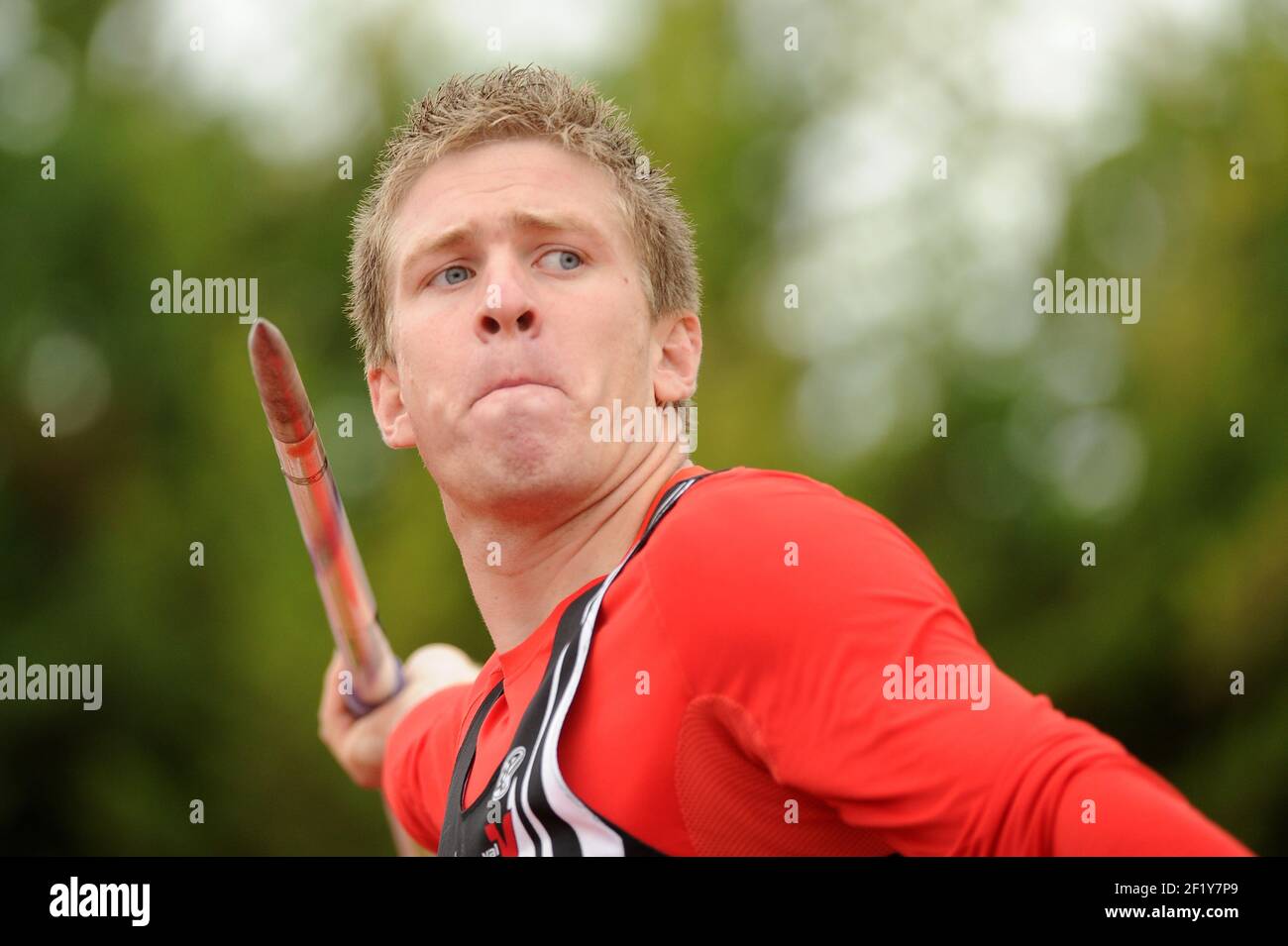 Killian Durechou (FRA) sur Javelin lors des championnats d'élite français 2014, au stade Georges-Hebert, Reims, France, le 12 juillet 2014. Photo Stephane Kempinaire / KMSP / DPPI Banque D'Images