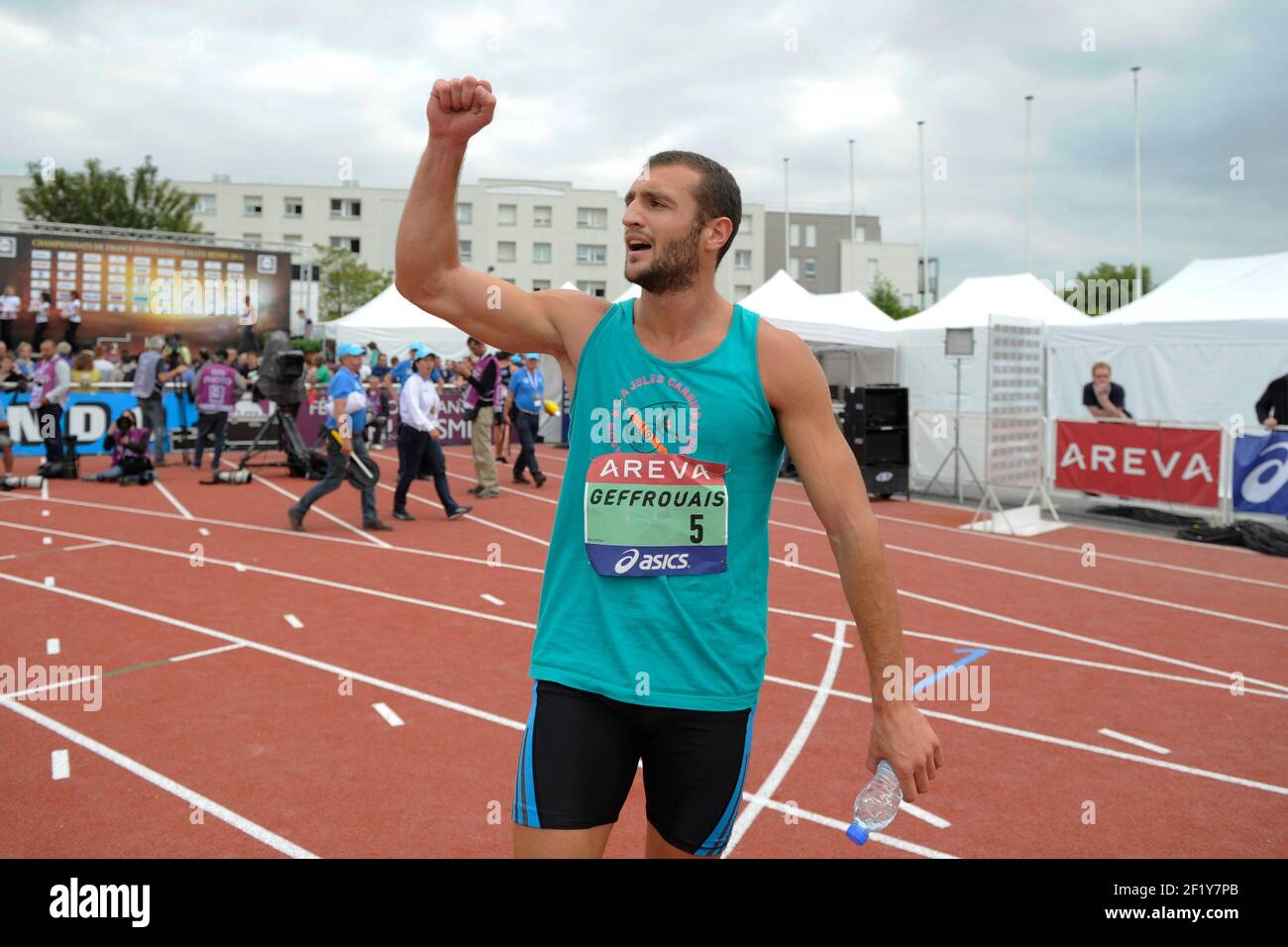 Florian Geffrouais (FRA) remporte le Decathlon lors des Championnats de France élite 2014, au Stade Georges-Hebert, Reims, France, le 12 juillet 2014. Photo Jean-Marie Hervio / KMSP / DPPI Banque D'Images