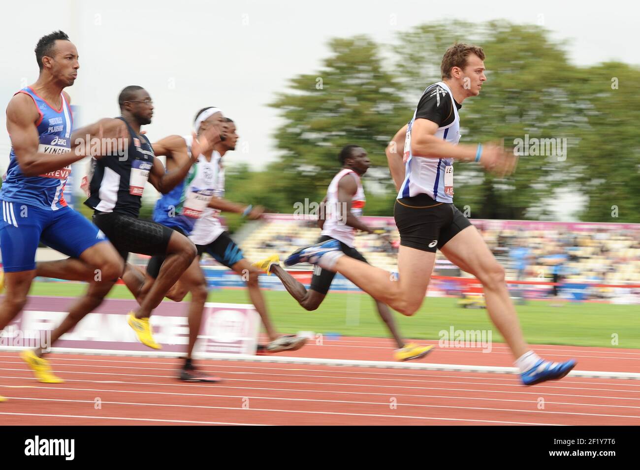 Christophe Lemaitre (FRA) sur 100 m hommes pendant les Championnats d'élite français 2014, au Stade Georges-Hebert, Reims, France, le 12 juillet 2014. Photo Stephane Kempinaire / KMSP / DPPI Banque D'Images