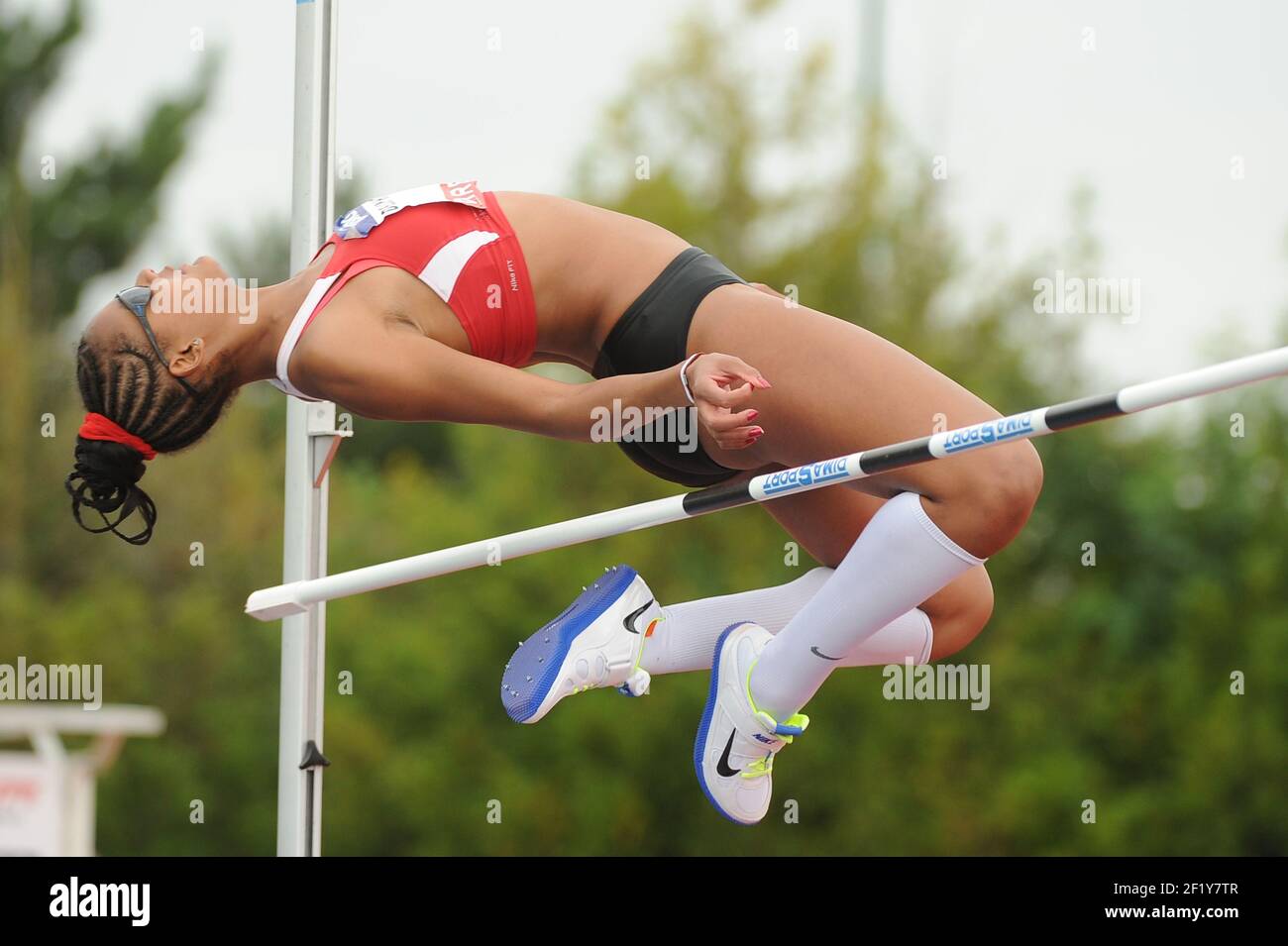 Dior Delophont (FRA) sur le saut en hauteur lors des Championnats de France élite 2014, au Stade Georges-Hebert, Reims, France, le 12 juillet 2014. Photo Stephane Kempinaire / KMSP / DPPI Banque D'Images