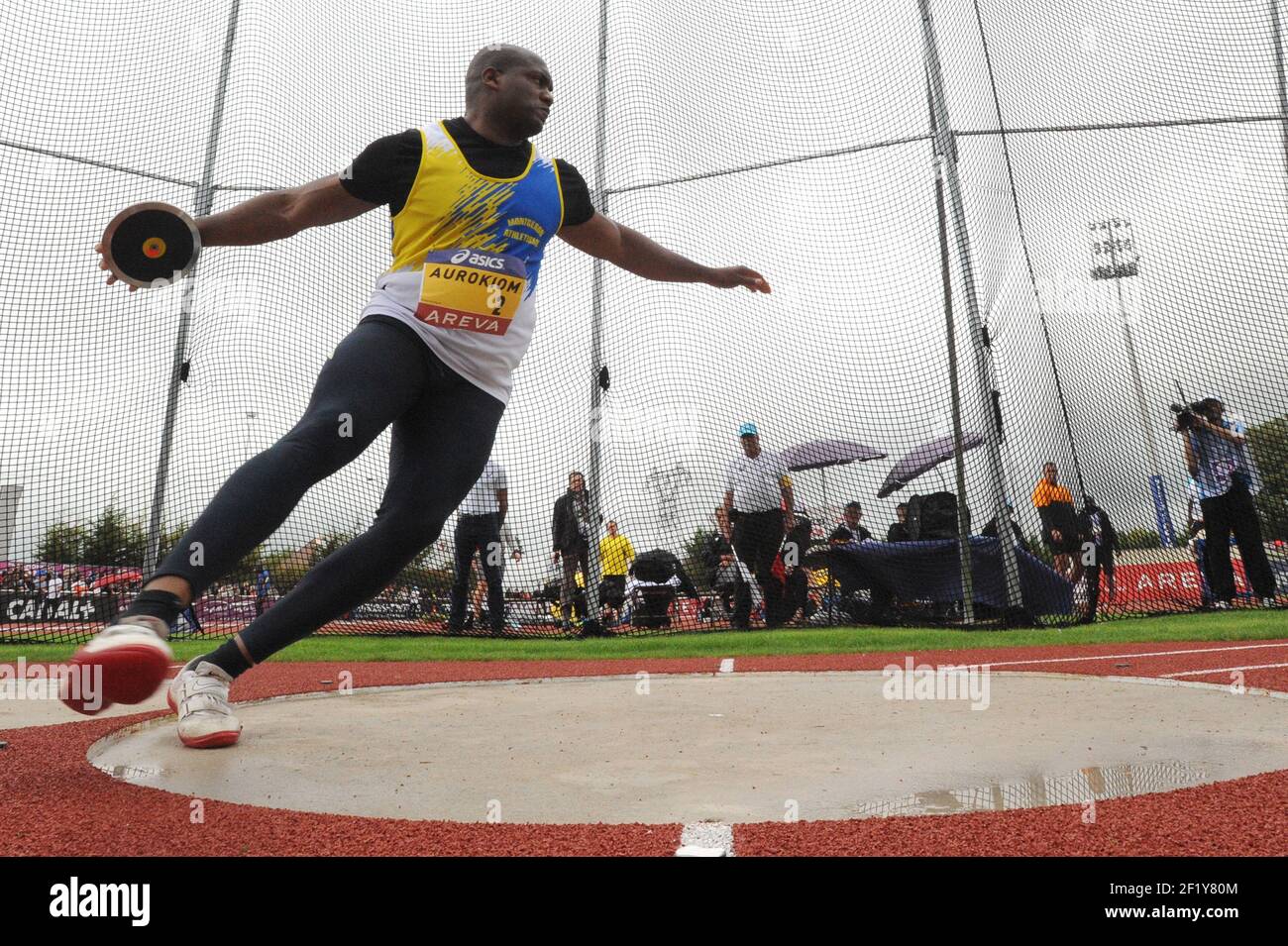 Jean-François Aurokiom (FRA) lors des championnats d'élite français 2014, au stade Georges-Hebert, Reims, France, le 13 juillet 2014. Photo Stephane Kempinaire / KMSP / DPPI Banque D'Images