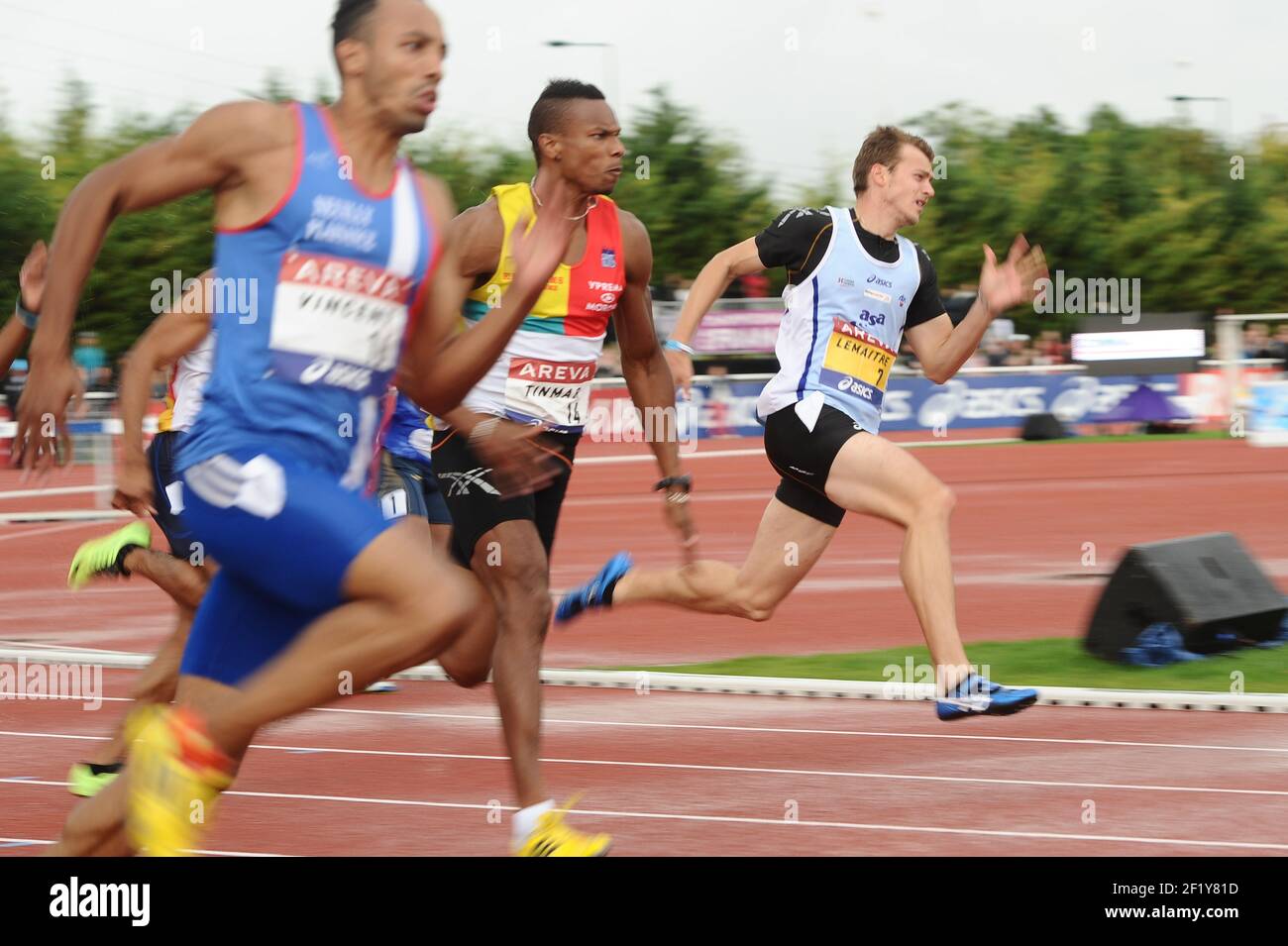 Christophe Lemaitre (FRA) sur 200 m hommes pendant les Championnats d'élite français 2014, au Stade Georges-Hebert, Reims, France, le 13 juillet 2014. Photo Stephane Kempinaire / KMSP / DPPI Banque D'Images