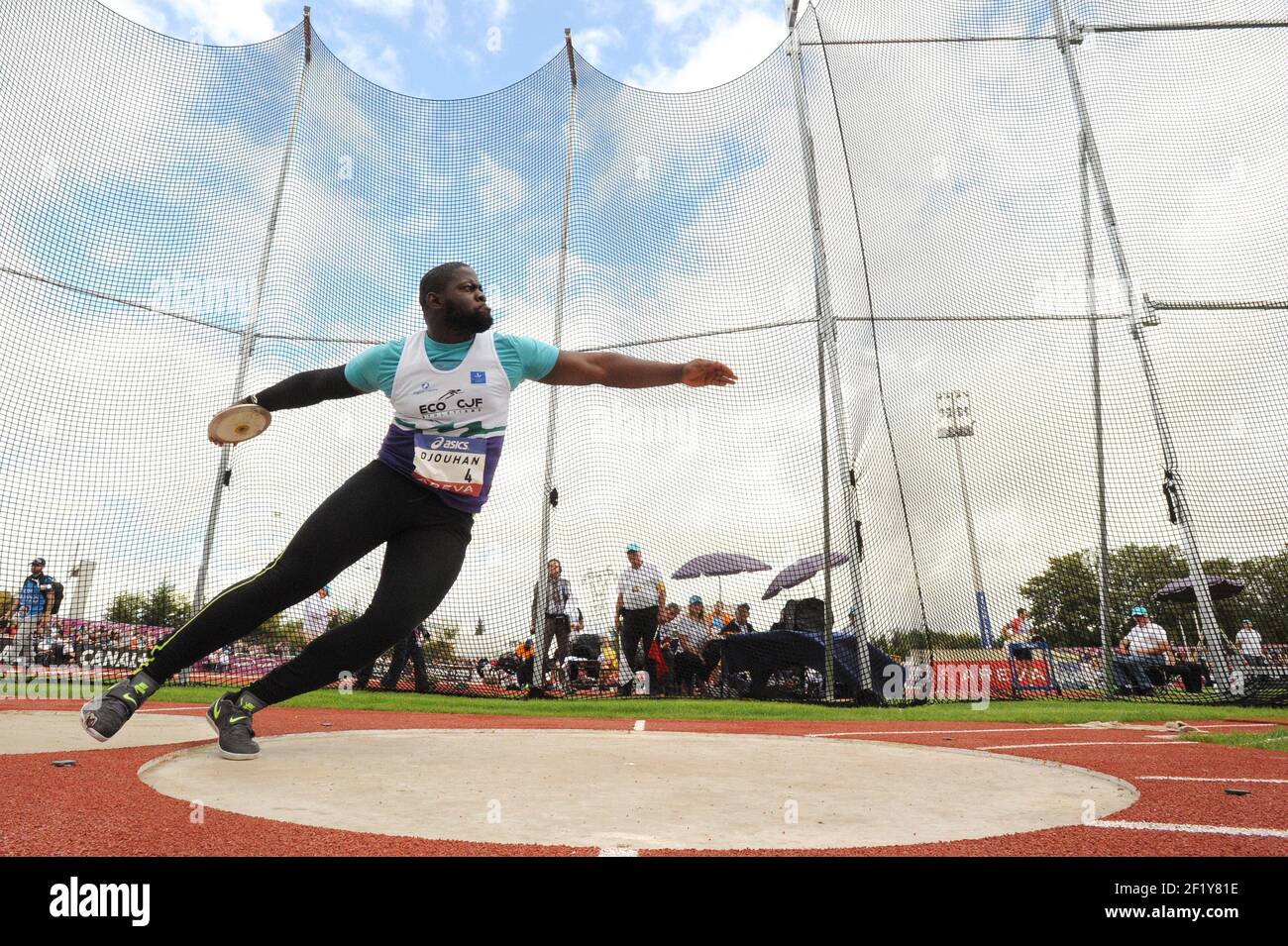Lolassonn Djouhan (FRA) sur Discus lors des Championnats d'élite français 2014, au Stade Georges-Hebert, Reims, France, le 13 juillet 2014. Photo Stephane Kempinaire / KMSP / DPPI Banque D'Images