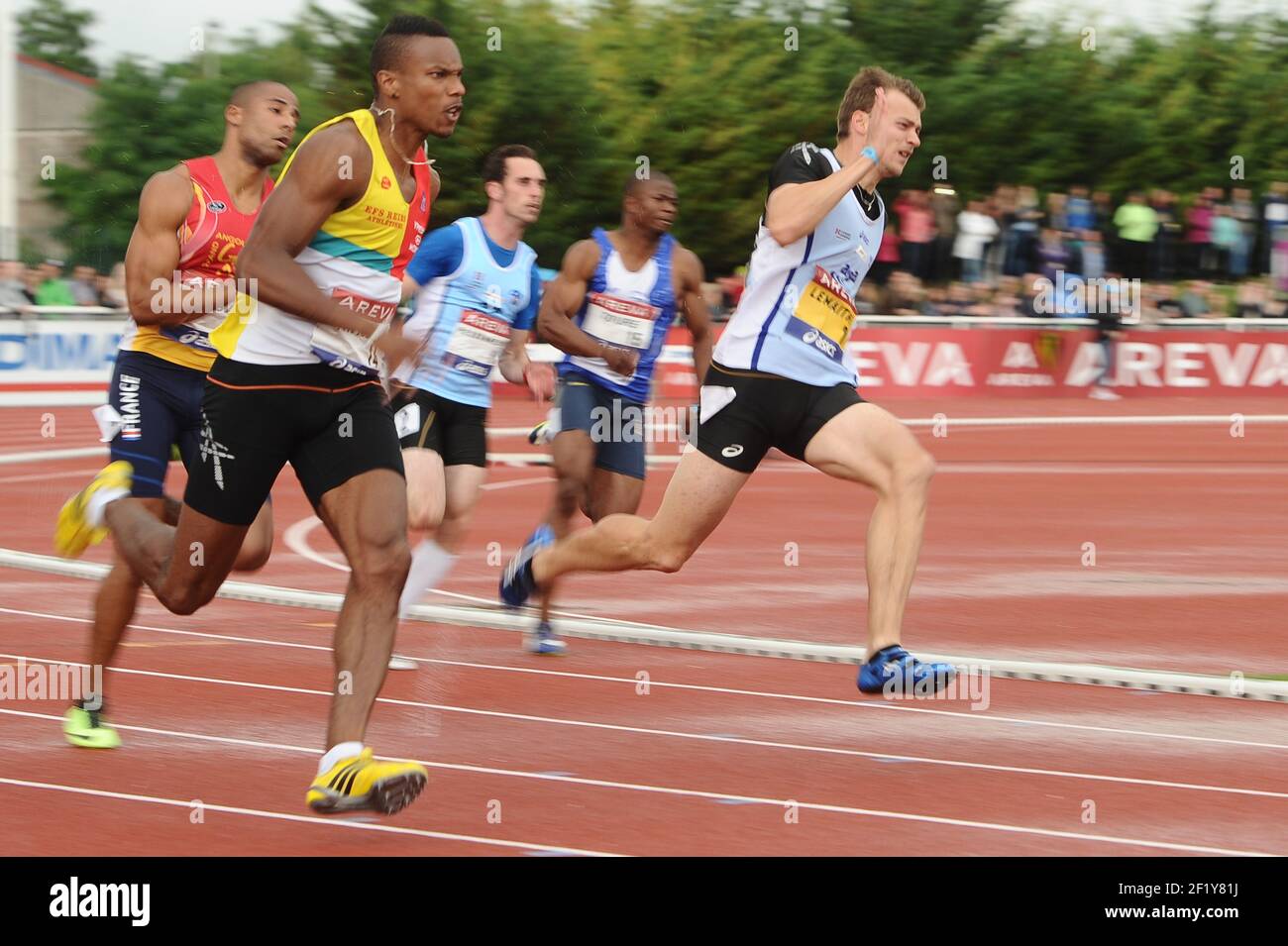 Christophe Lemaitre (FRA) sur 200 m hommes pendant les Championnats d'élite français 2014, au Stade Georges-Hebert, Reims, France, le 13 juillet 2014. Photo Stephane Kempinaire / KMSP / DPPI Banque D'Images