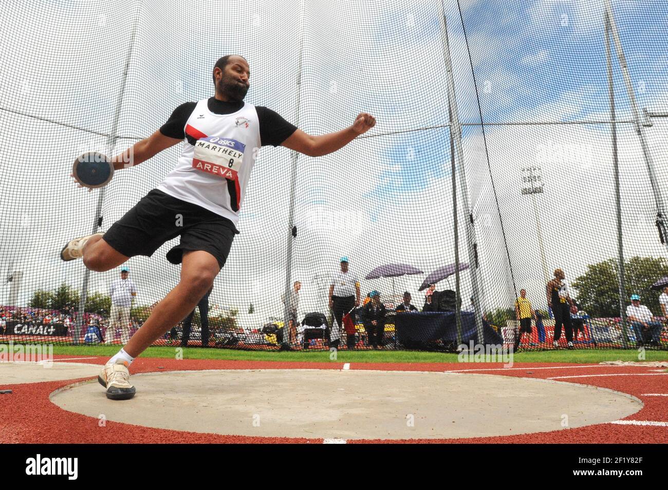 Stephane Marthely (FRA) sur Discus lors des championnats d'élite français 2014, au stade Georges-Hebert, Reims, France, le 13 juillet 2014. Photo Stephane Kempinaire / KMSP / DPPI Banque D'Images