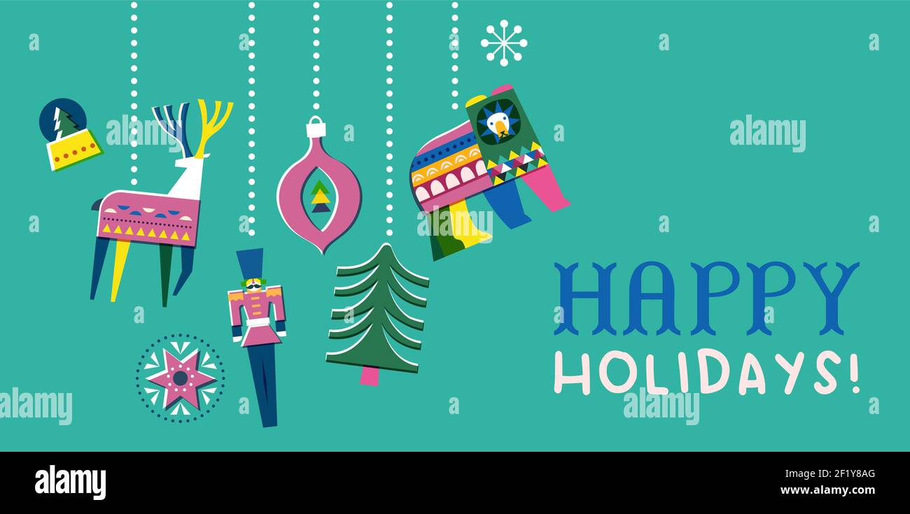 Joyeux Noël carte de voeux illustration, décoration d'art populaire vintage et ornements colorés pour les vacances d'hiver. Inclut l'ours polaire, le pin, le rein Illustration de Vecteur