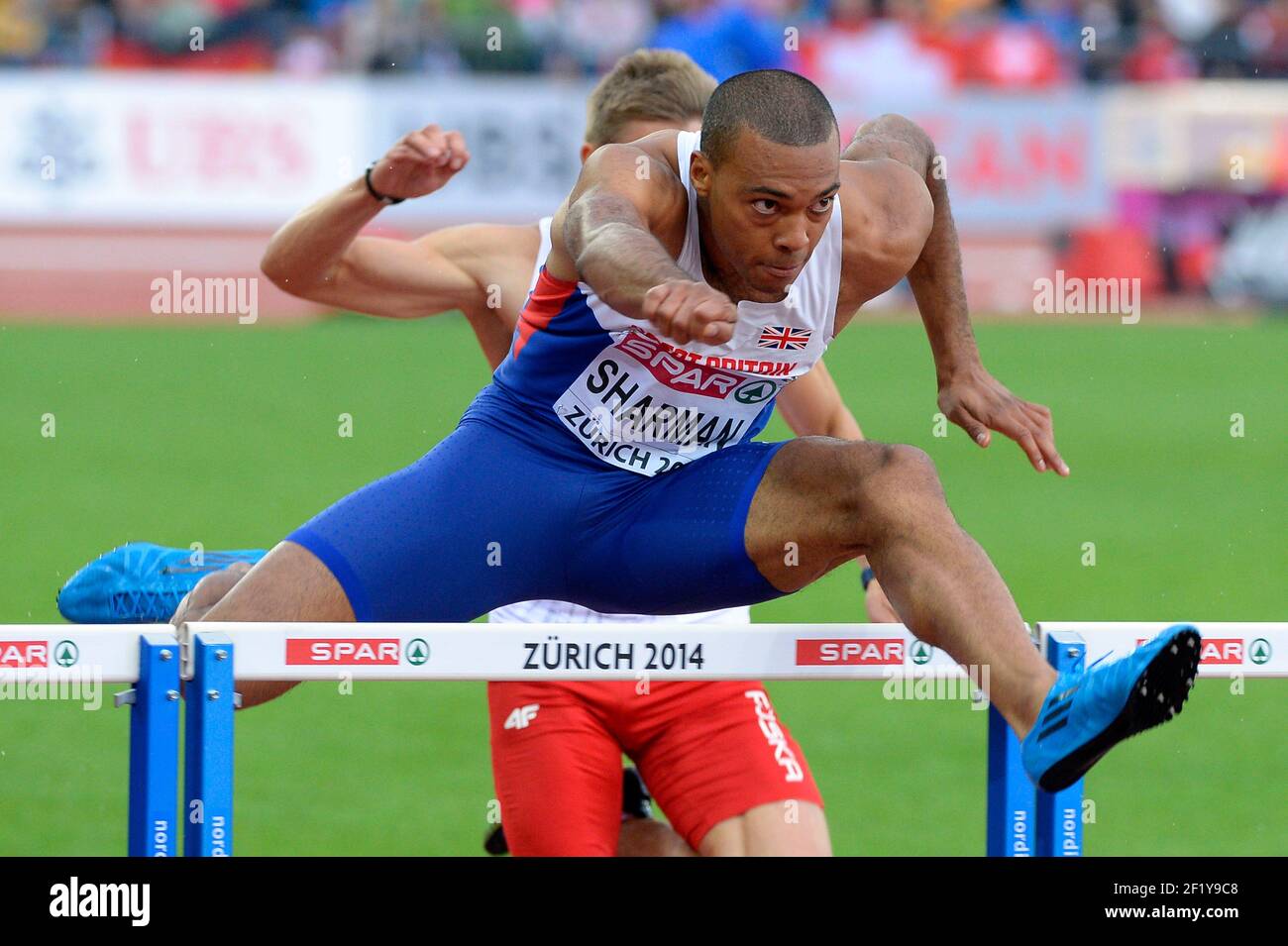 William Sharman (GBR) / 110m haies pendant le deuxième jour des Championnats d'athlétisme européens 2014 au stade Letzigrund à Zurich, Suisse, les 12 et 17 août 2014. Photo Julien Crosnier / KMSP / DPPI Banque D'Images