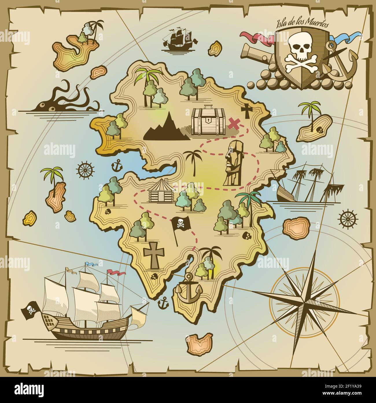 Carte vectorielle de l'île du Trésor pirate. Navire de mer, océan d'aventure, crâne et papier, art de navigation et illustration de canon Illustration de Vecteur