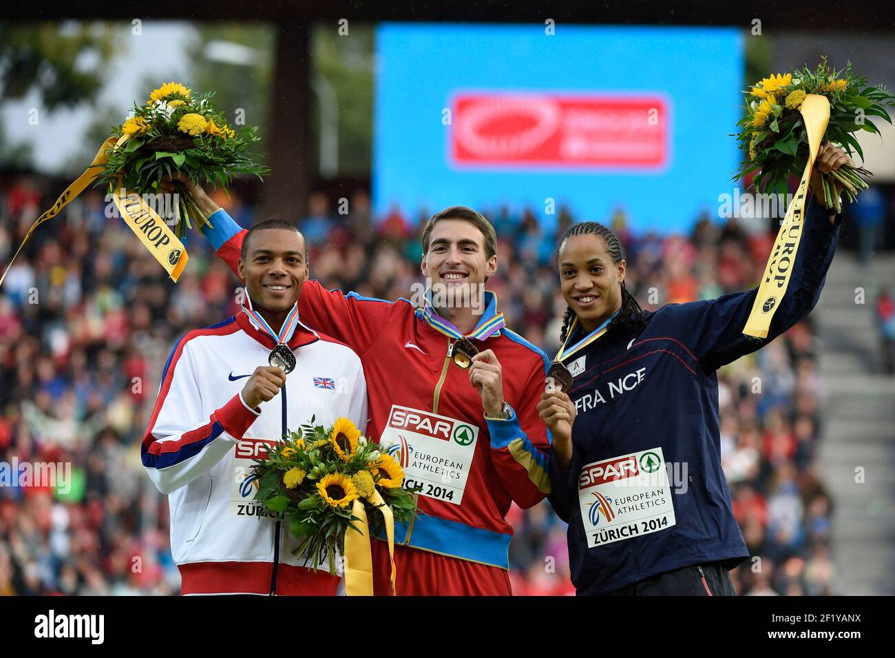 Sergey Shubenkov (RUS) / Médaille d'or - William Sharman (GBR) / Médaille d'argent - Pascal-Martinot-Lagarde (FRA) / 110m haies / Médaille de bronze pendant le quatrième jour des Championnats européens d'athlétisme 2014 au stade Letzigrund de Zurich, Suisse, les 12 et 17 août 2014. Photo Julien Crosnier / KMSP / DPPI Banque D'Images