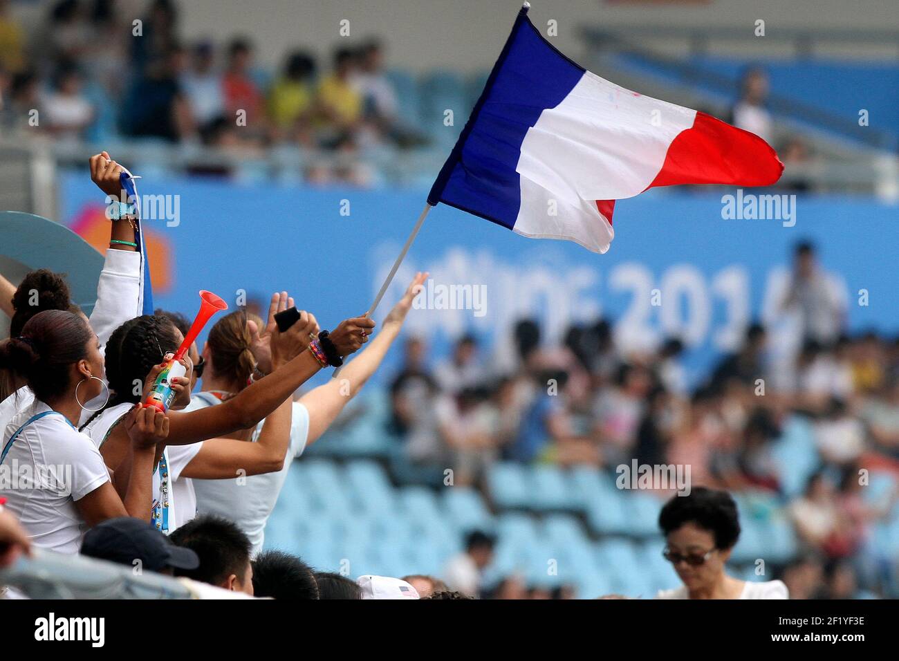 Illustration fans français lors des Jeux Olympiques de Nanjing, dans la province de Jiangsu en Chine orientale, le 10 août 25 2014. Photo Eddy Lemaistre / KMSP / DPPI Banque D'Images