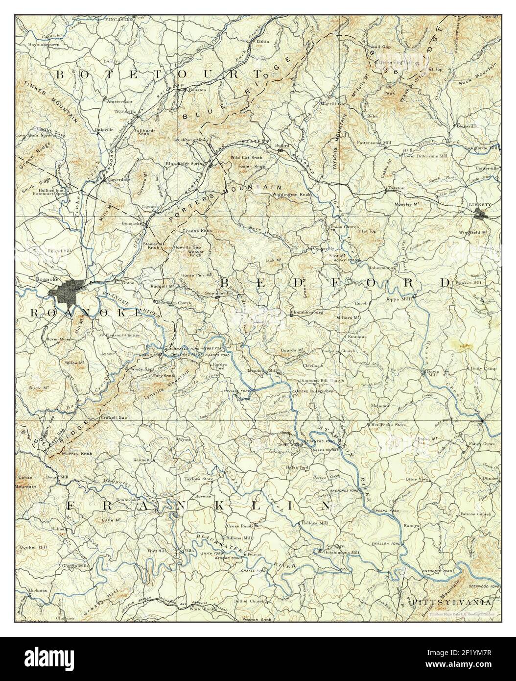 Roanoke, Virginie, carte 1890, 1:125000, États-Unis d'Amérique par Timeless Maps, données U.S. Geological Survey Banque D'Images