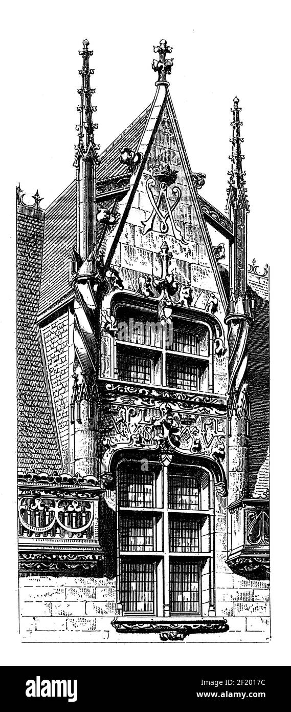 Gravure du XIXe siècle de la fenêtre du grenier du château de Josselin à Josselin, France. Publié dans Systematischer Bilder-Atlas zum conversations-Lexikon, Banque D'Images