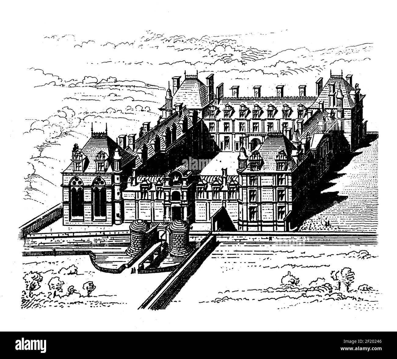 Gravure antique du château d'Écouen à Écouen, France. Publié dans Systematischer Bilder-Atlas zum conversations-Lexikon Banque D'Images