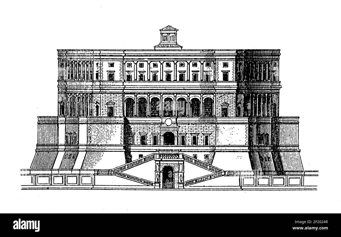 Gravure antique de château près de Rome, Italie. Publié dans Systematischer Bilder-Atlas zum conversations-Lexikon, Ikonographische Encyklopedie der W. Banque D'Images