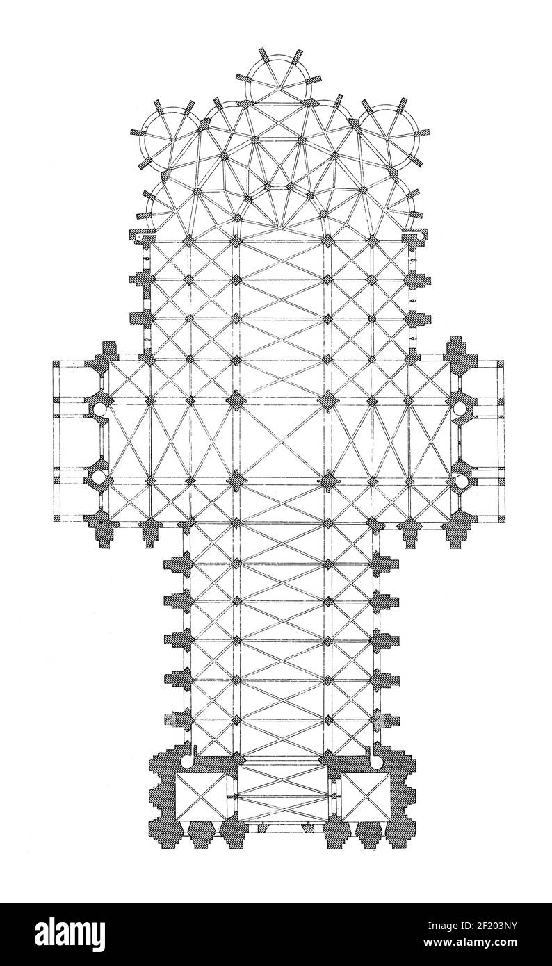 Ancienne gravure du XIXe siècle du plan d'étage de la cathédrale de Chartres. Publié dans Systematischer Bilder-Atlas zum conversations-Lexikon, Ikonographisch Banque D'Images