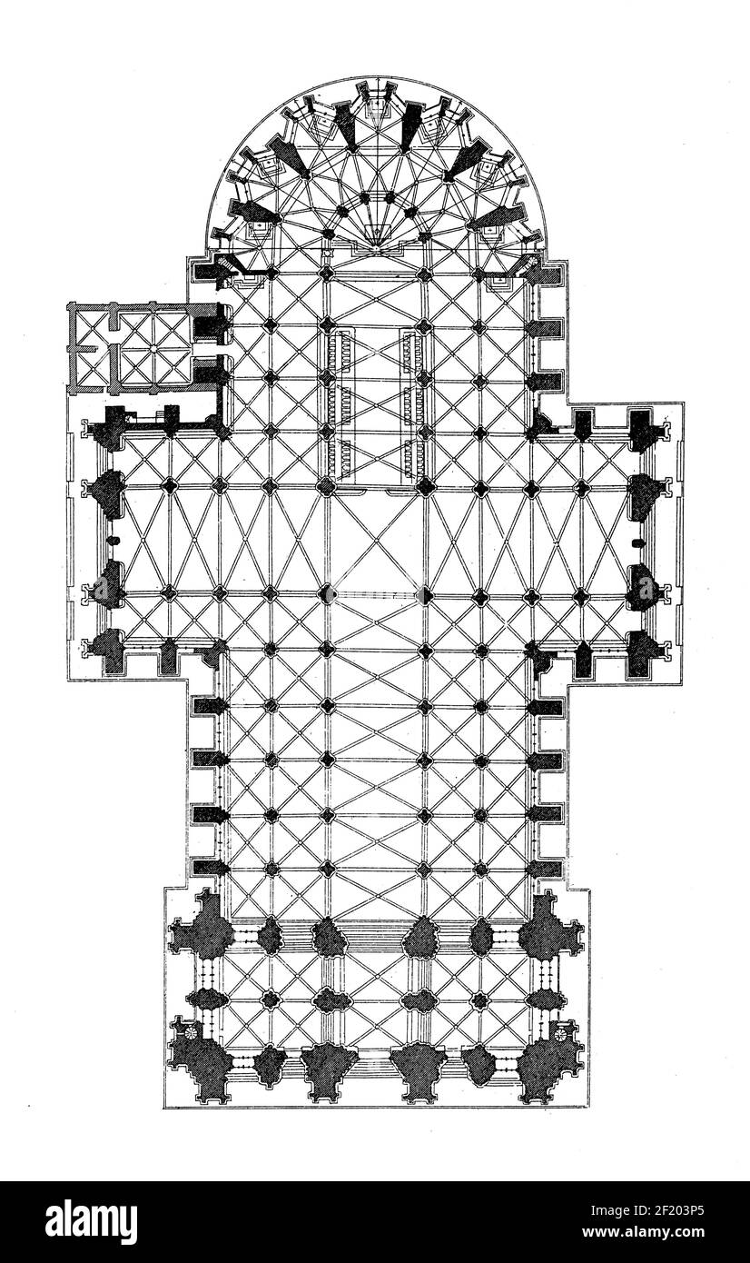 Illustration ancienne du plan d'étage de la cathédrale de Cologne. Publié dans Systematischer Bilder-Atlas zum conversations-Lexikon, Ikonographische Encyklopa Banque D'Images