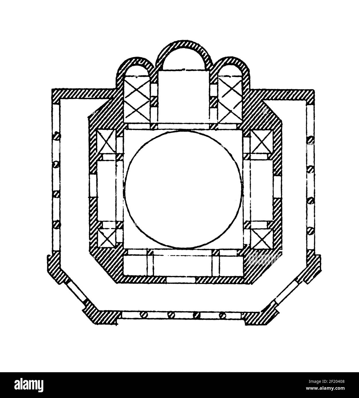 Illustration antique du XIXe siècle d'un plan d'étage de l'église de Santa Fosca. Publié dans Systematischer Bilder-Atlas zum conversations-Lexikon, IK Banque D'Images