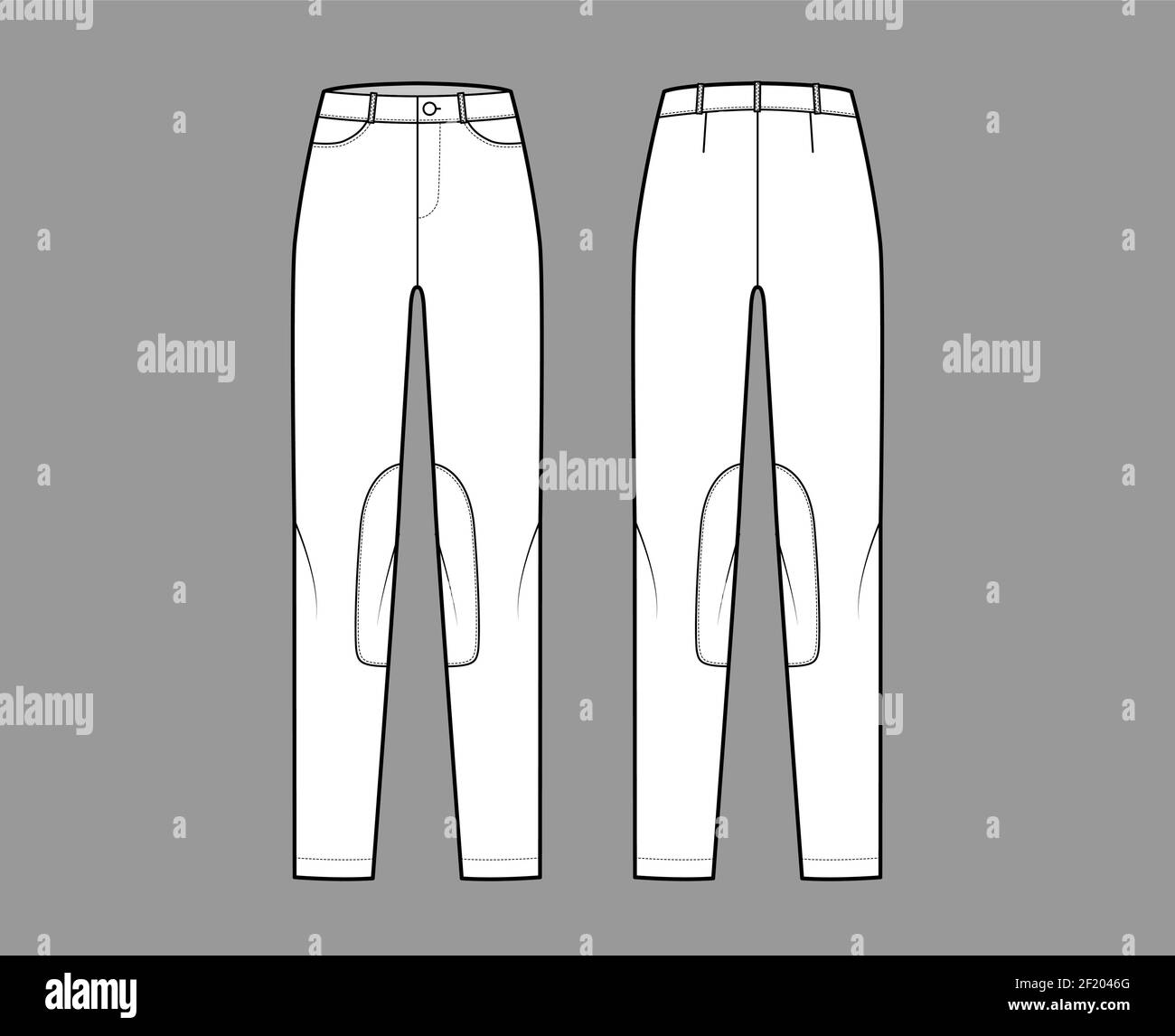 Ensemble de jeans Kentucky Jodhpurs pantalons denim illustration technique de la mode avec taille basse, taille, passants de ceinture, longueurs complètes. Modèle de vêtement plat à l'avant dans le dos, style blanc. Femmes, maquette de CAO unisex Illustration de Vecteur