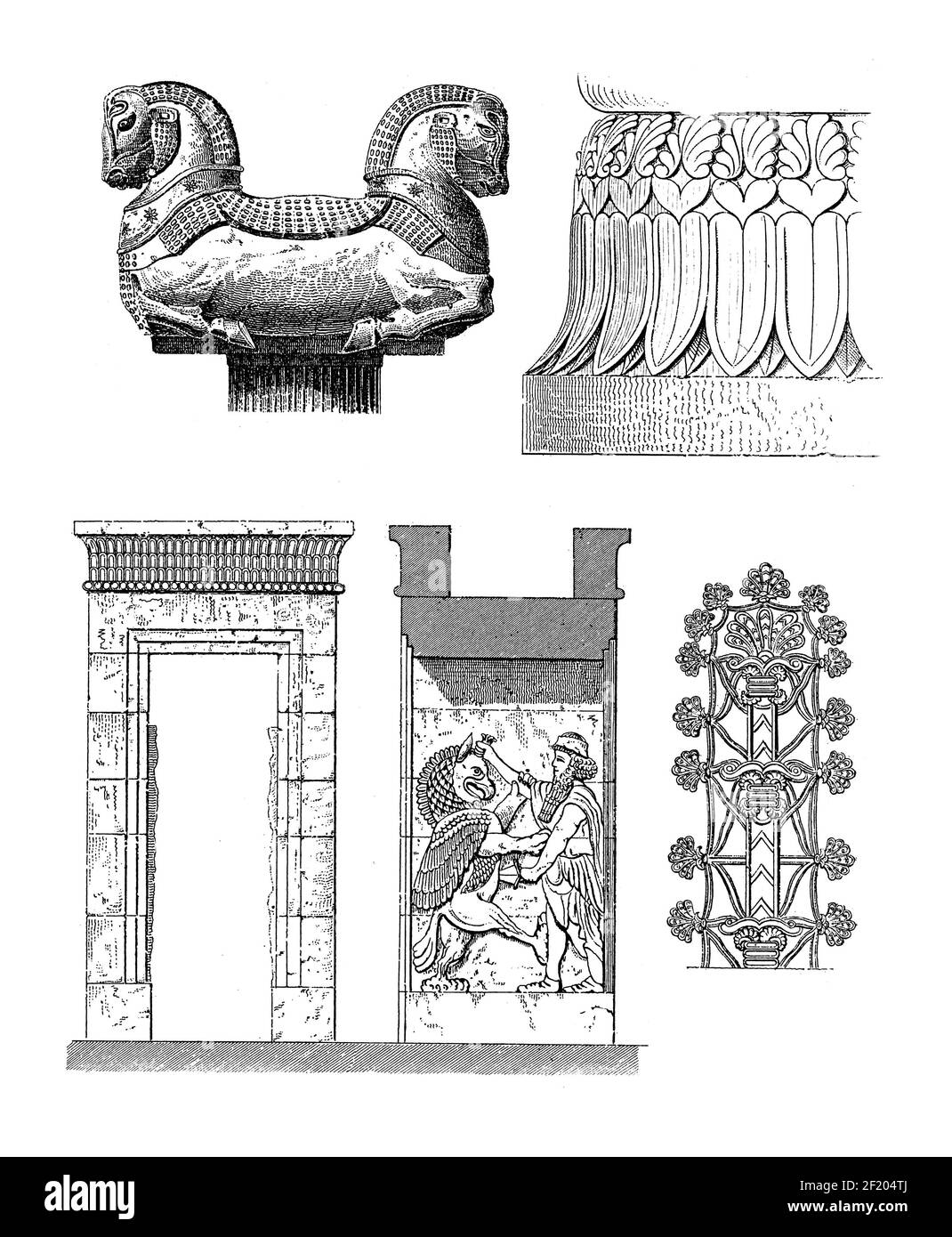 Gravure antique d'éléments architecturaux anciens. Publié dans Systematischer Bilder-Atlas zum conversations-Lexikon, Ikonographische Encyklopedie Banque D'Images