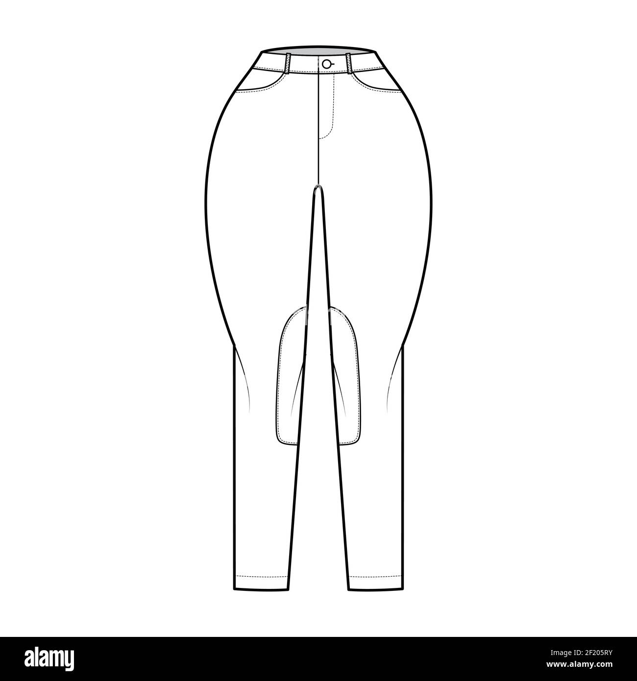 Jeans Classic Jodhpurs pantalons denim technique illustration de la mode avec taille normale, taille haute, passants de ceinture, longueurs complètes. Modèle avant à fond plat, couleur blanche. Femmes, hommes, maquette de CAD unisex Illustration de Vecteur