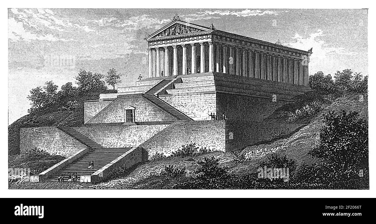 Ancienne gravure du XIXe siècle du temple de Walhalla en Bavière, Allemagne. Publié dans Systematischer Bilder-Atlas zum conversations-Lexikon, Ikonographi Banque D'Images