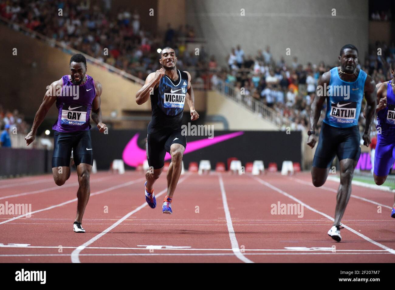 Tyson gay des Etats-Unis, Jimmy Vicaut de France et Justin Gatlin des Etats-Unis se disputent en 100m Men lors de l'International Athletics Meeting Herculis, IAAF Diamond League, Monaco le 17 juillet 2015 au stade Louis II à Monaco, France - photo Jean-Marie Hervio / KMSP / DPPI Banque D'Images