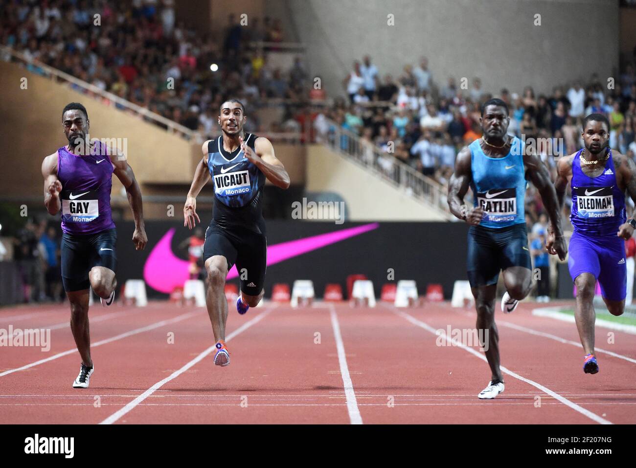 Tyson gay des Etats-Unis, Jimmy Vicaut de France et Justin Gatlin des Etats-Unis se disputent en 100m Men lors de l'International Athletics Meeting Herculis, IAAF Diamond League, Monaco le 17 juillet 2015 au stade Louis II à Monaco, France - photo Jean-Marie Hervio / KMSP / DPPI Banque D'Images