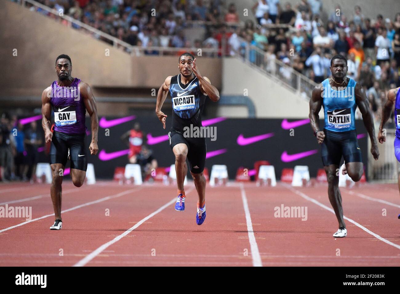 Tyson gay des Etats-Unis, Jimmy Vicaut de France et Justin Gatlin des Etats-Unis se disputent en 100m Men lors de l'International Athletics Meeting Herculis, IAAF Diamond League, Monaco le 17 juillet 2015 au stade Louis II à Monaco, France - photo Jean-Marie Hervio / KMSP / DPPI Banque D'Images