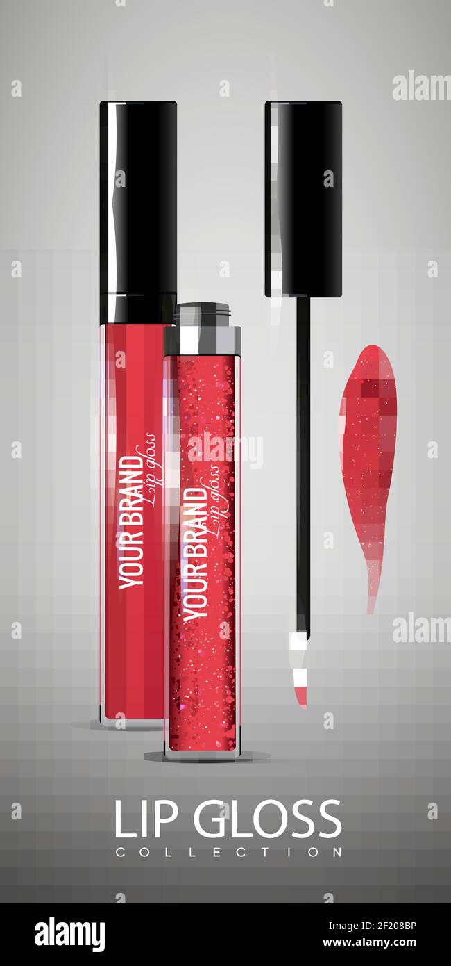 Collection réaliste de gloss à lèvres avec tubes ouverts et fermés et illustration vectorielle isolée à frottis de paillettes rouges Illustration de Vecteur