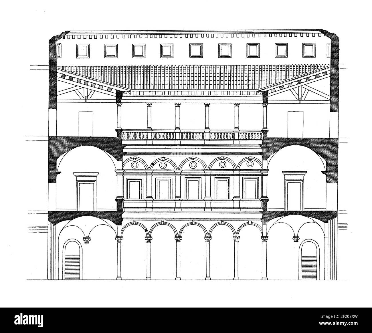 Ancienne gravure du XIXe siècle de la section du Palazzo Strozzi à Florence, Italie. Publié dans Systematischer Bilder-Atlas zum conversations-Lexikon, I Banque D'Images