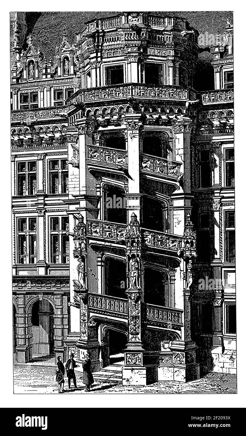 Illustration antique de l'escalier en colimaçon du Château de Blois dans le Loir-et-cher, France. Publié dans Systematischer Bilder-Atlas zum conversations-L. Banque D'Images