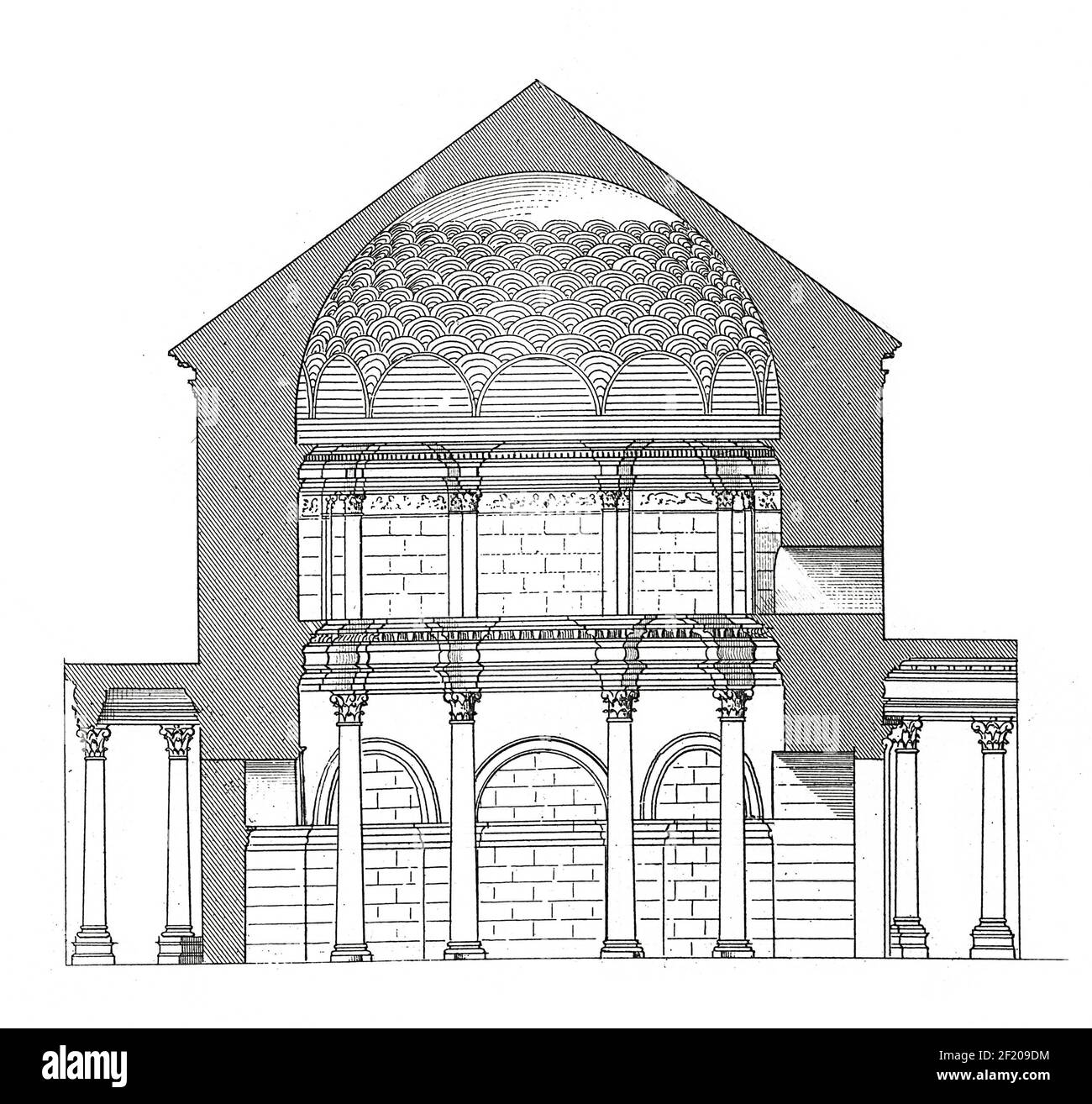 Gravure du XIXe siècle d'un temple dans le palais de Dioclétien à Split, Croatie. Publié dans Systematischer Bilder-Atlas zum conversations-Lexikon, Ikonogr Banque D'Images