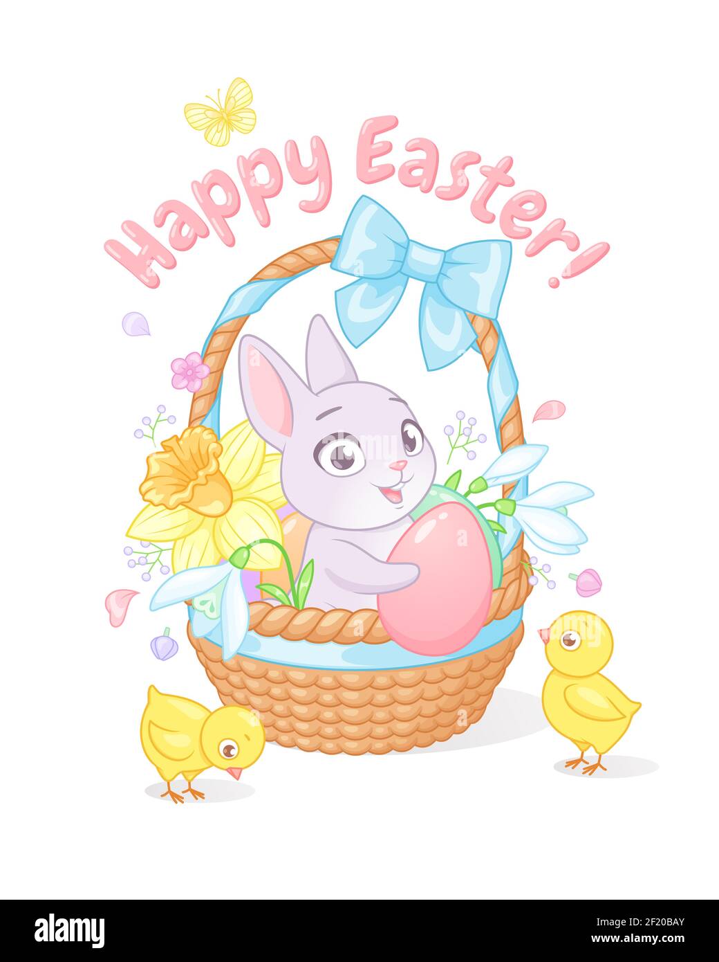 Mignon lapin de Pâques et poussins avec panier rempli de fleurs et d'œufs. Message d'accueil joyeuses Pâques avec illustration vectorielle. Illustration de Vecteur