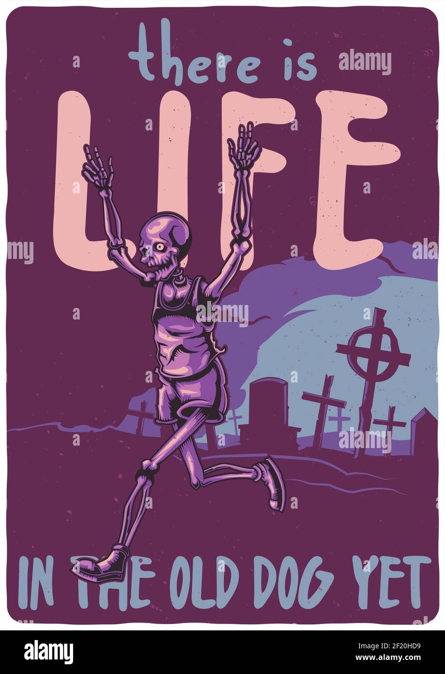 T-shirt ou affiche avec illustration du squelette en cours d'exécution du cimetière. Illustration de Vecteur