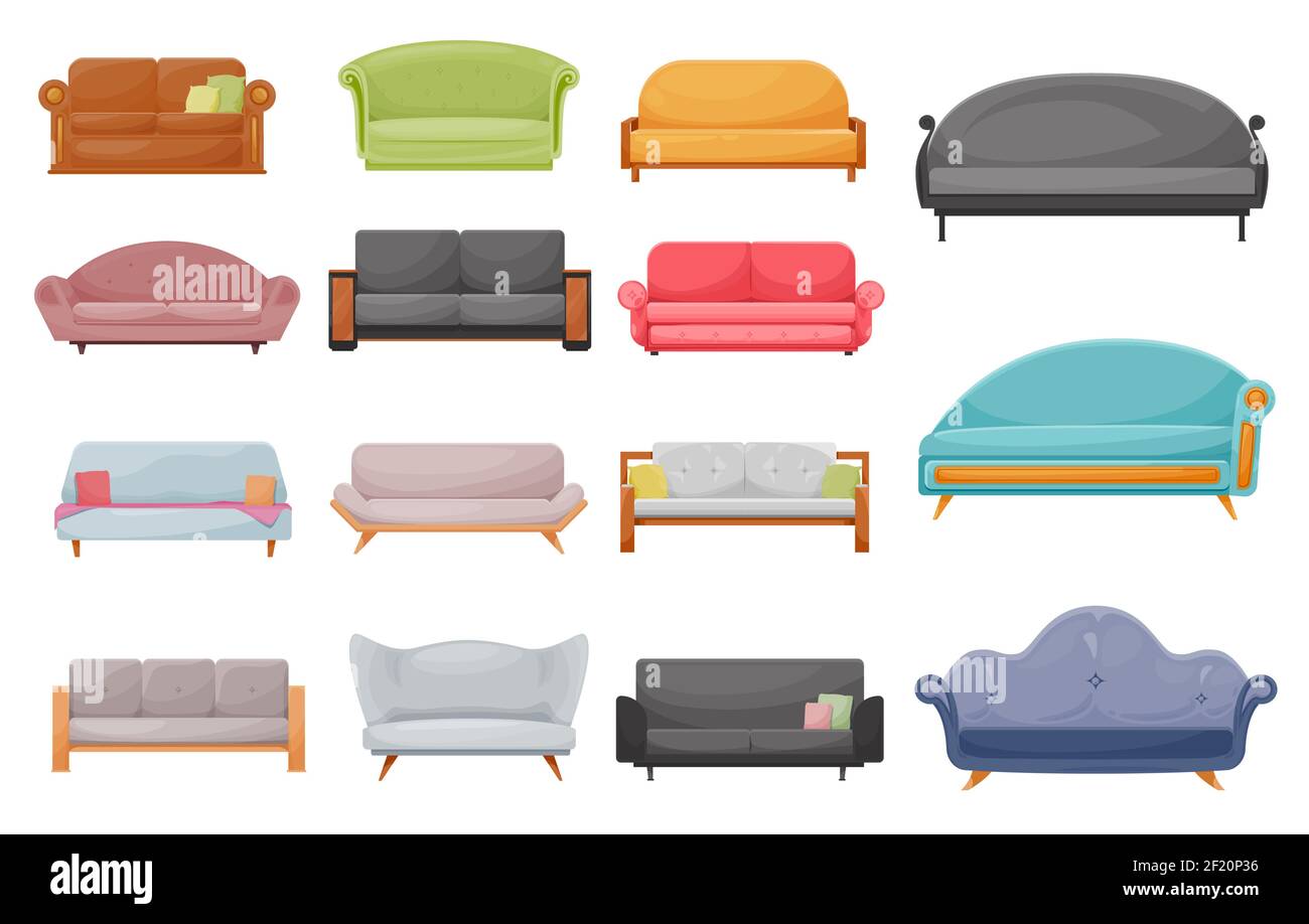 Canapé moderne, ensemble de dessin animé classique ou rétro. Confortable  canapé deux places lawson, causeuse, chaise longue et canapé futon avec  cuir ou tissu Image Vectorielle Stock - Alamy