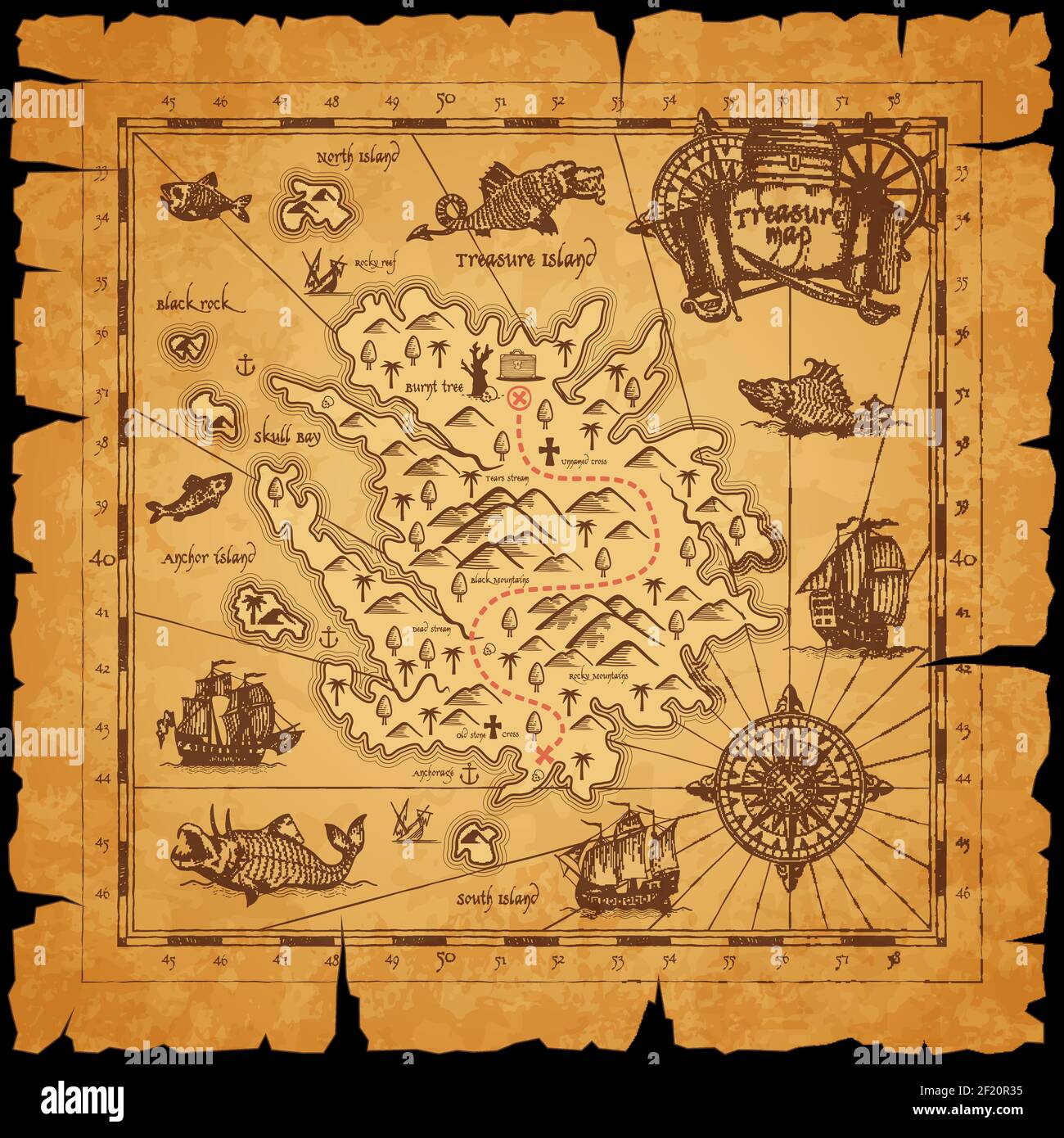 Carte ancienne de l'île des trésors des pirates. Passez la ligne pointillée entre les montagnes, marquez la poitrine avec les trésors et la voile dans l'océan Caravels, les monstres de mer sur pi Illustration de Vecteur