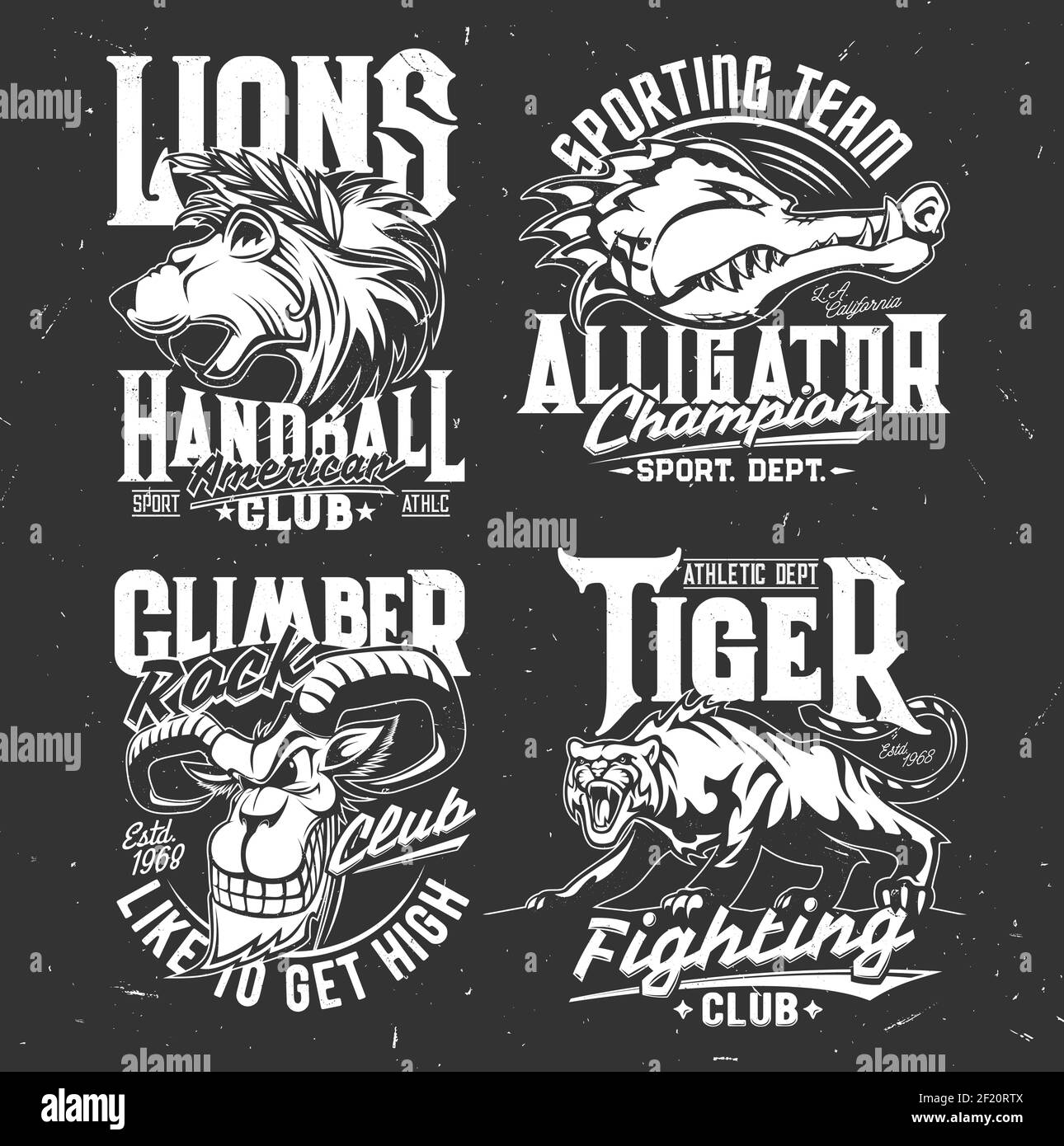 Imprimé t-shirt avec mascottes vectorielles de chèvre de montagne, d'alligator, de lion et de tigre. Têtes de grin et d'animaux sauvages roar pour les symboles de combat et de club de sport. A Illustration de Vecteur