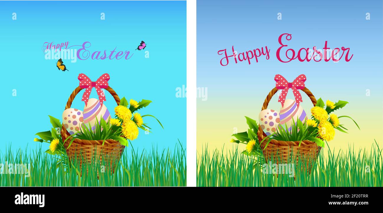 Vœux de Pâques et promotion de vente bannière, affiche, modèle de carte de vœux en rose, bleu, violet, vert avec papillons et lapins et panier i Illustration de Vecteur