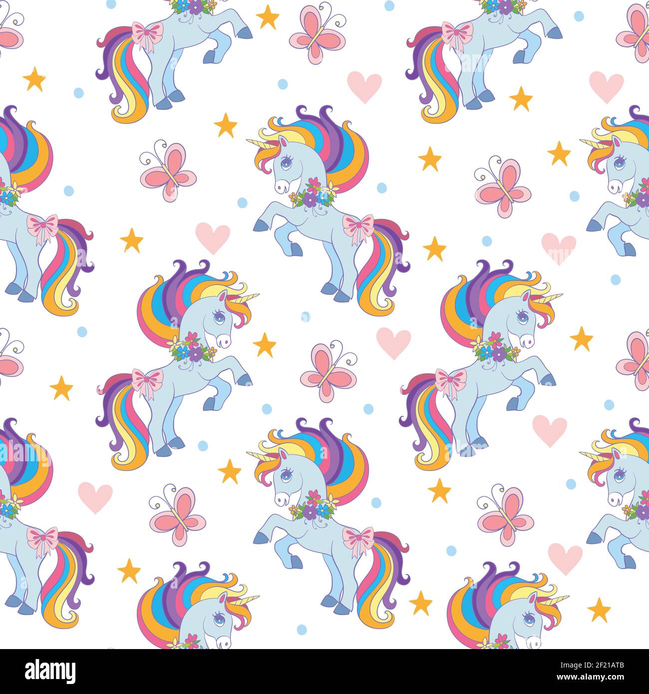 Motif sans couture avec licornes, coeurs et papillons isolés sur fond blanc. Illustration vectorielle pour fête, impression, douche de bébé, papier peint, dessin Illustration de Vecteur