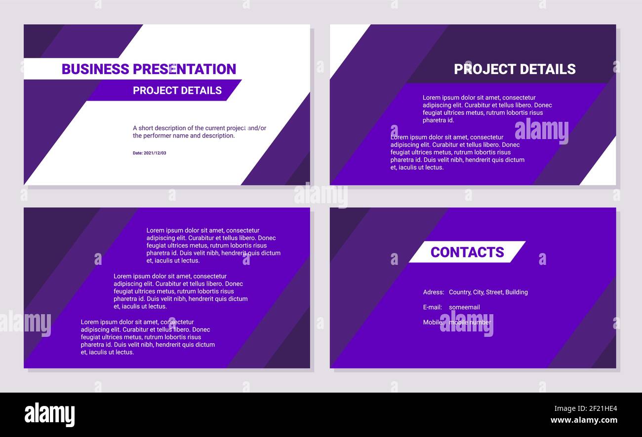 Modèle de conception de présentation commerciale. Détails du projet lignes plates simples, triangles, couleur violet foncé, 4 diapositives. Document d'entreprise moderne. Illustration de Vecteur