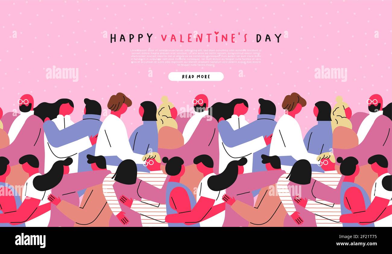 Illustration du modèle Web de la Saint-Valentin avec des couples de dessins animés à la main. Divers cofriend et petite amie roses qui s'embrassent ensemble. Février Illustration de Vecteur