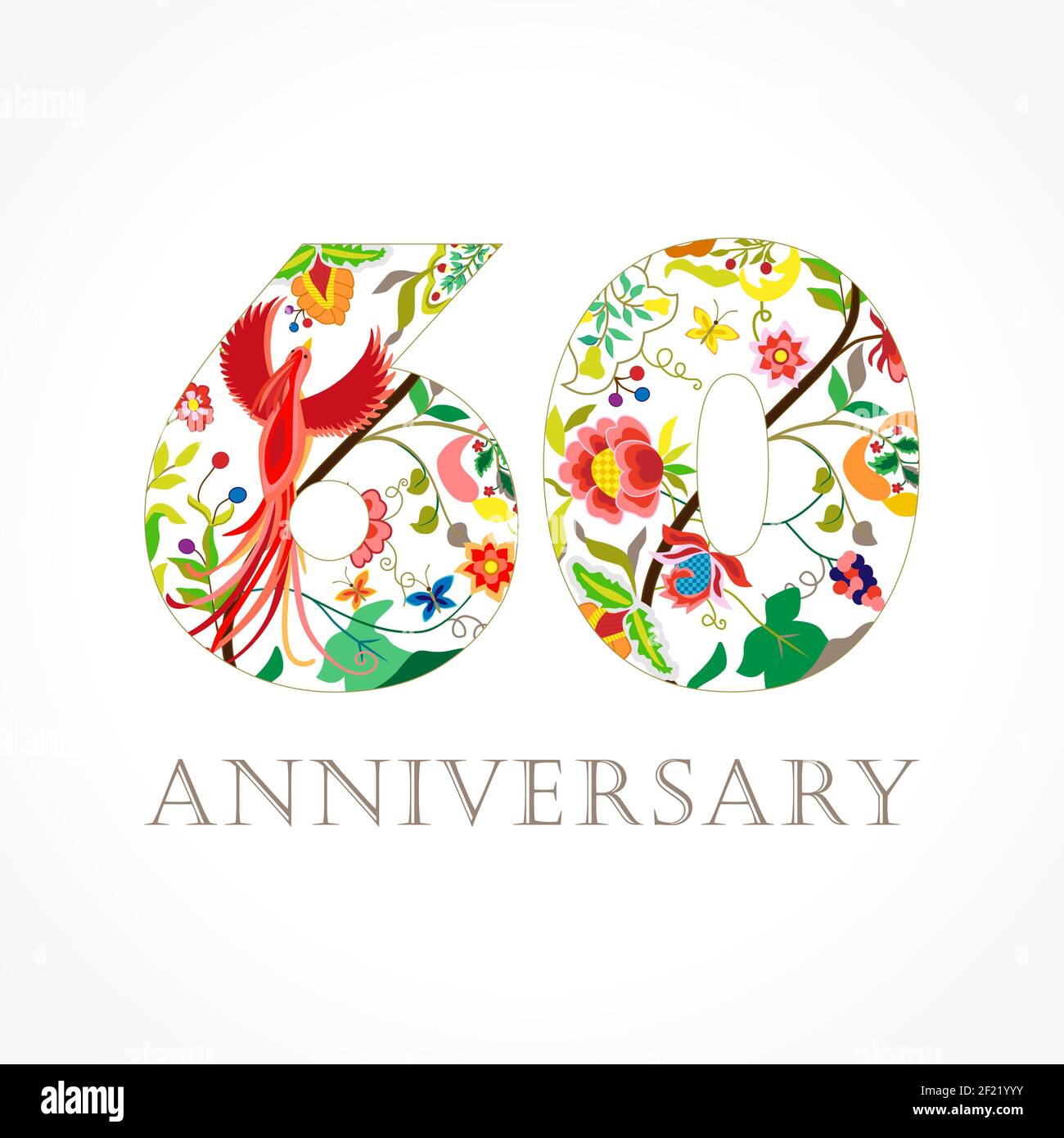 60 ans de luxe célébrant le logo folk. Modèle coloré joyeux anniversaire voeux, les fleurs ethniques, les plantes, le paradis des oiseaux volants. Ensemble de tra Illustration de Vecteur