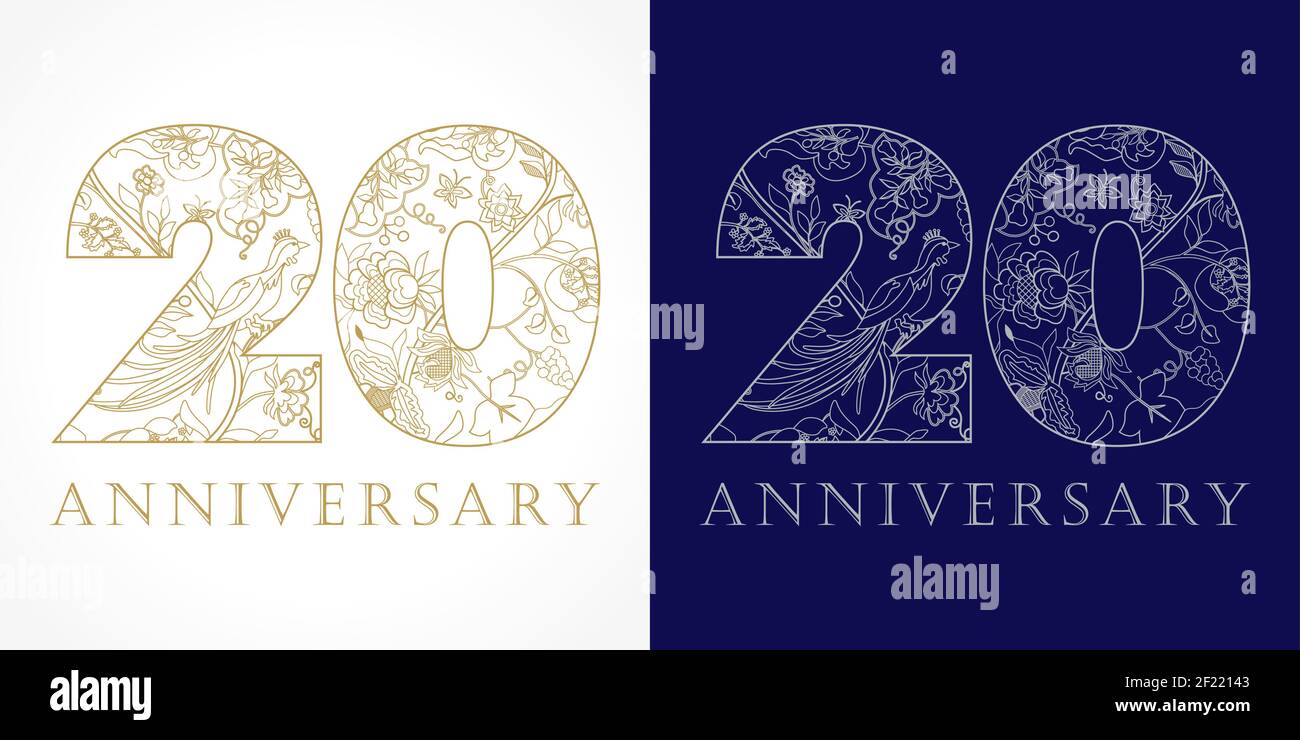 Concept de logo créatif du 20e anniversaire dans les modèles ethniques et les oiseaux de paradis. Modèle de conception graphique abstrait isolé. Panneau Top 20. Illustration de Vecteur